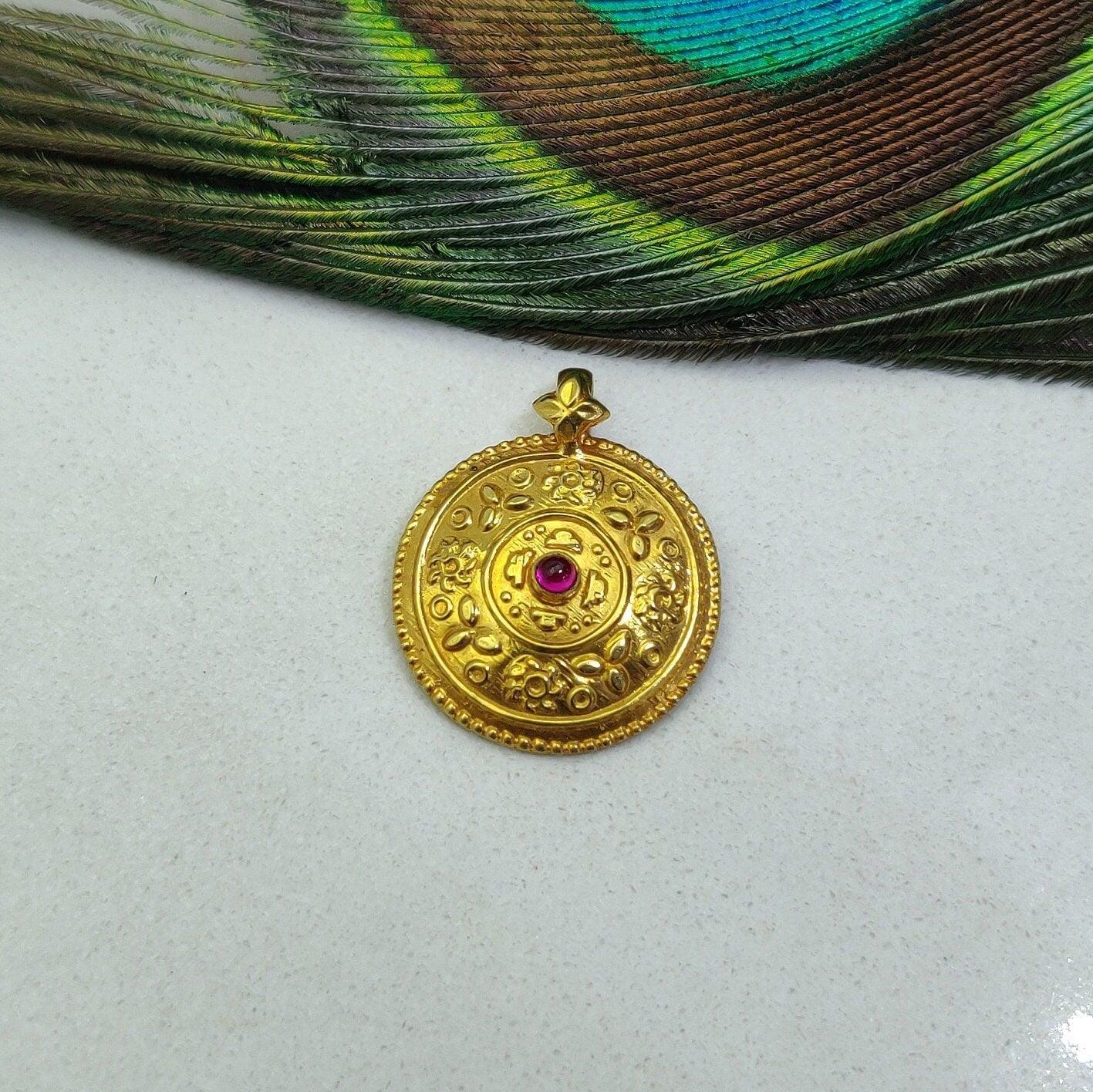18k Solid Gold Ruby Antique 19mm Pendant - Kanika Creations