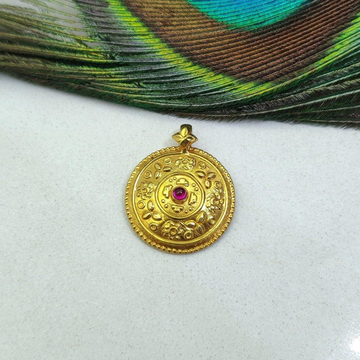 18k Solid Gold Ruby Antique 19mm Pendant - Kanika Creations