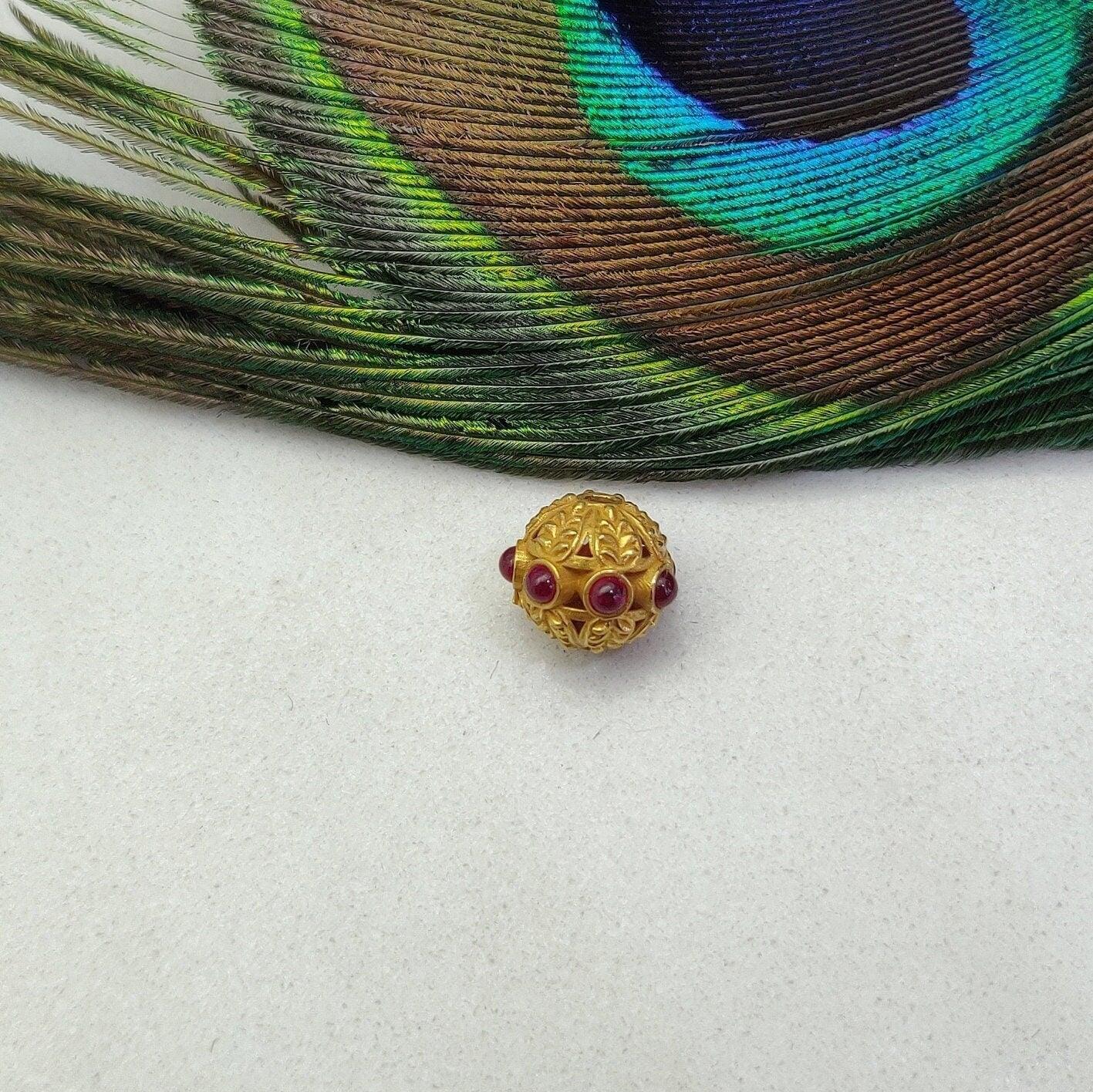18k Solid Yellow Gold Ruby Ball Spacer Beads 10x9mm - Kanika Creations