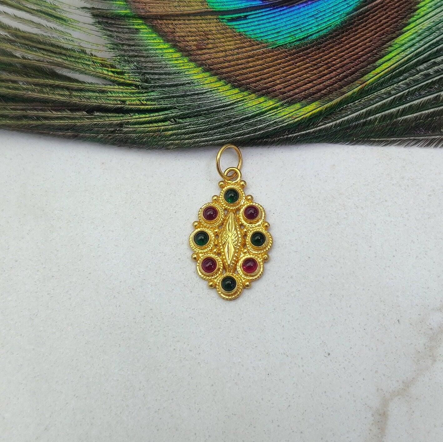 18k Solid Yellow Gold Multi-Gemstone Oval Pendant - Kanika Creations
