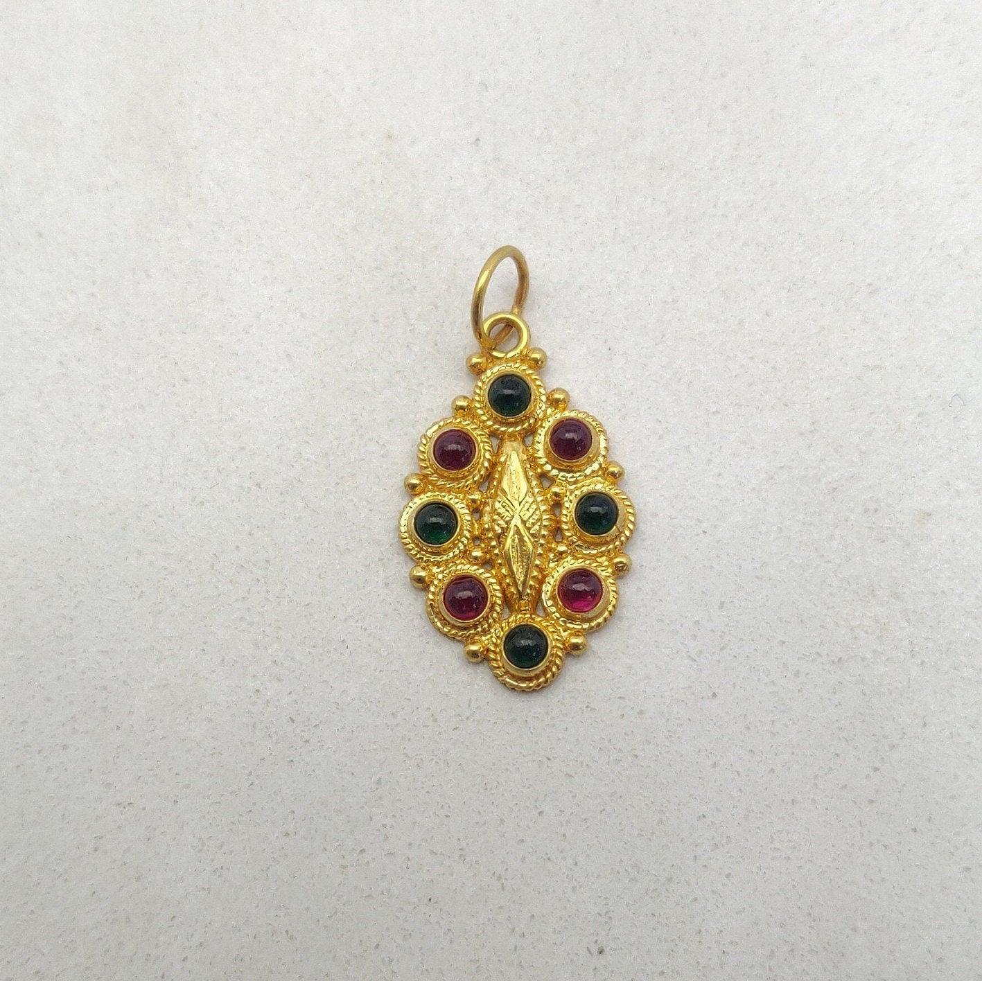 18k Solid Yellow Gold Multi-Gemstone Oval Pendant - Kanika Creations