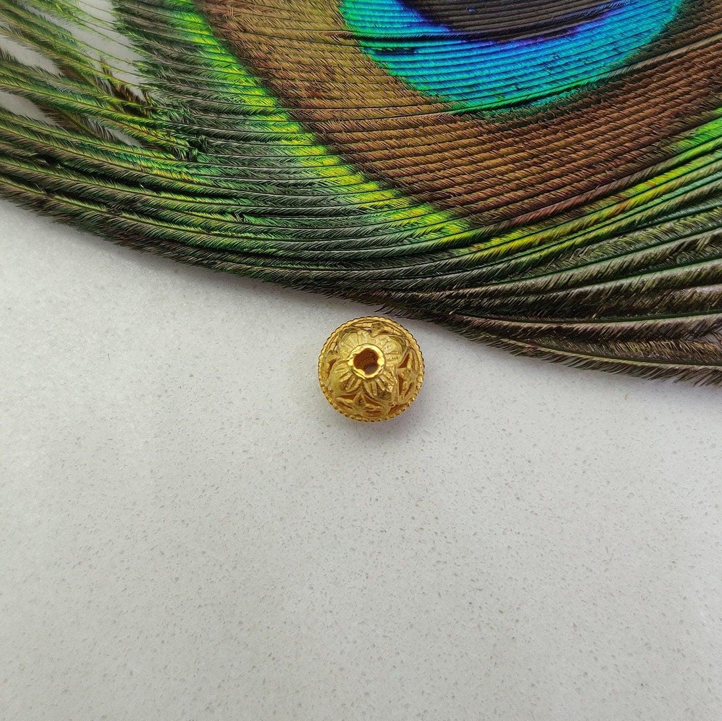 18k Solid Yellow Gold Round Floral Beads 9X8mm - Kanika Creations