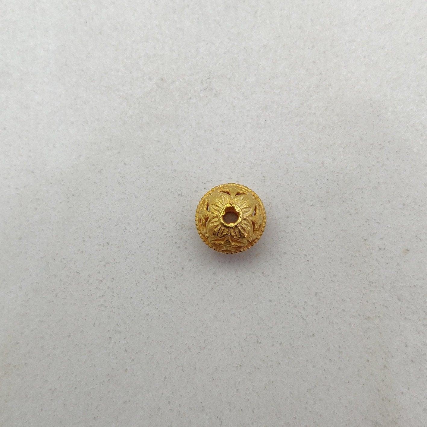 18k Solid Yellow Gold Round Floral Beads 9X8mm - Kanika Creations