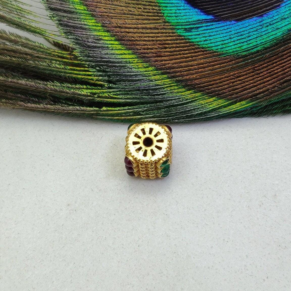 18K Gold Emerald, Ruby Drum Style Spacer Beads Findings - Kanika Creations