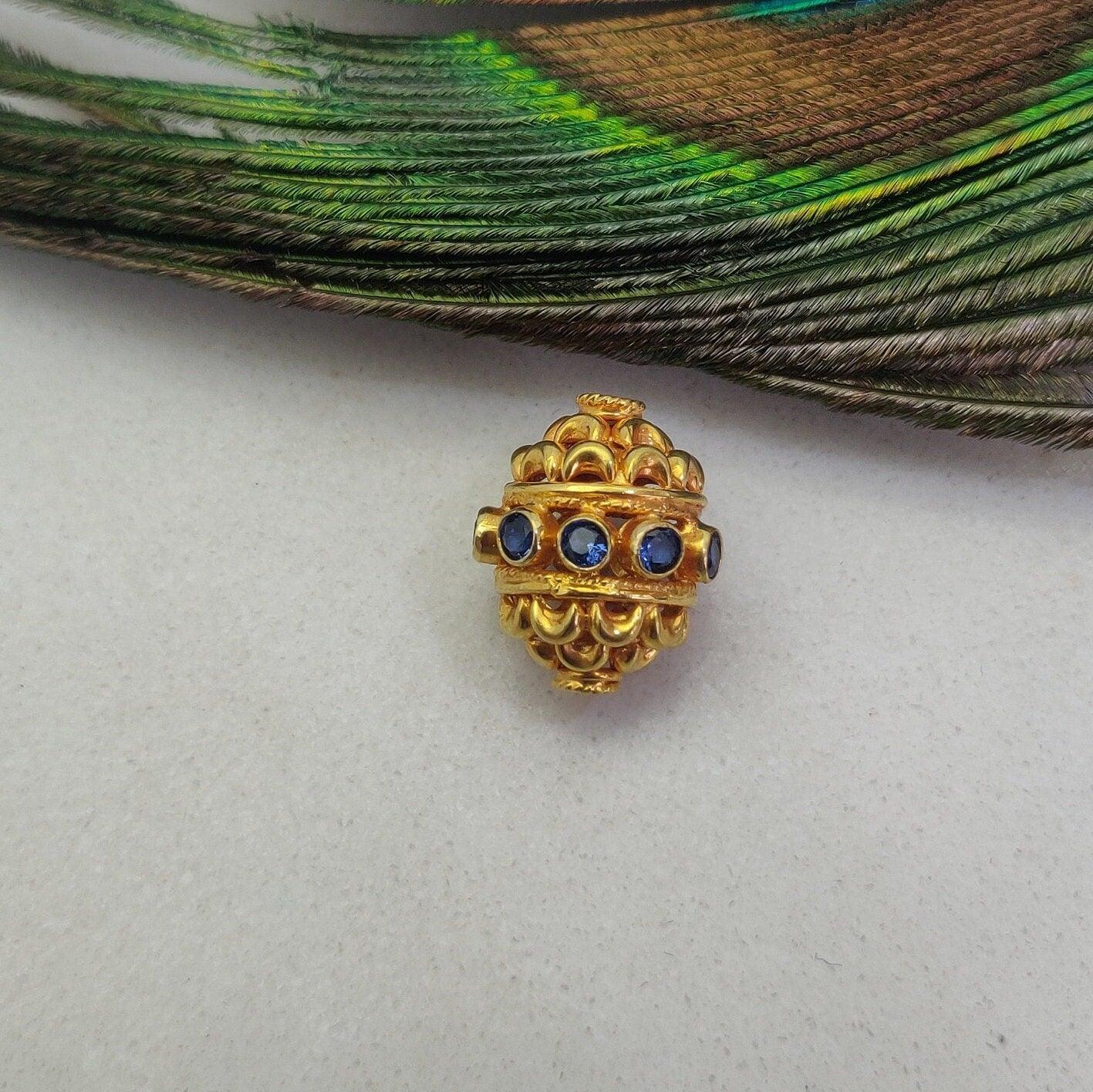 18k Solid Yellow Gold Stone Studded Oval Spacer Beads 15x11mm - Kanika Creations