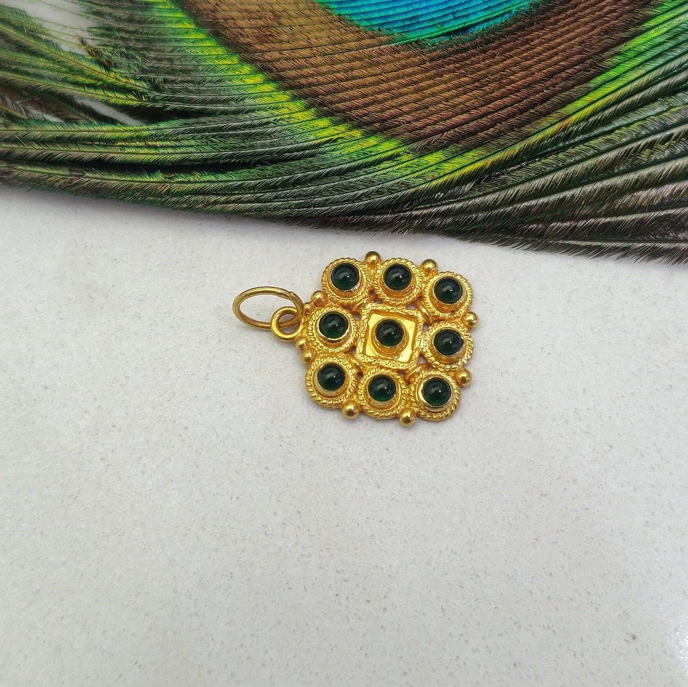 18k Yellow Gold Stone Studded Cushion Charm Pendent 15mm - Kanika Creations