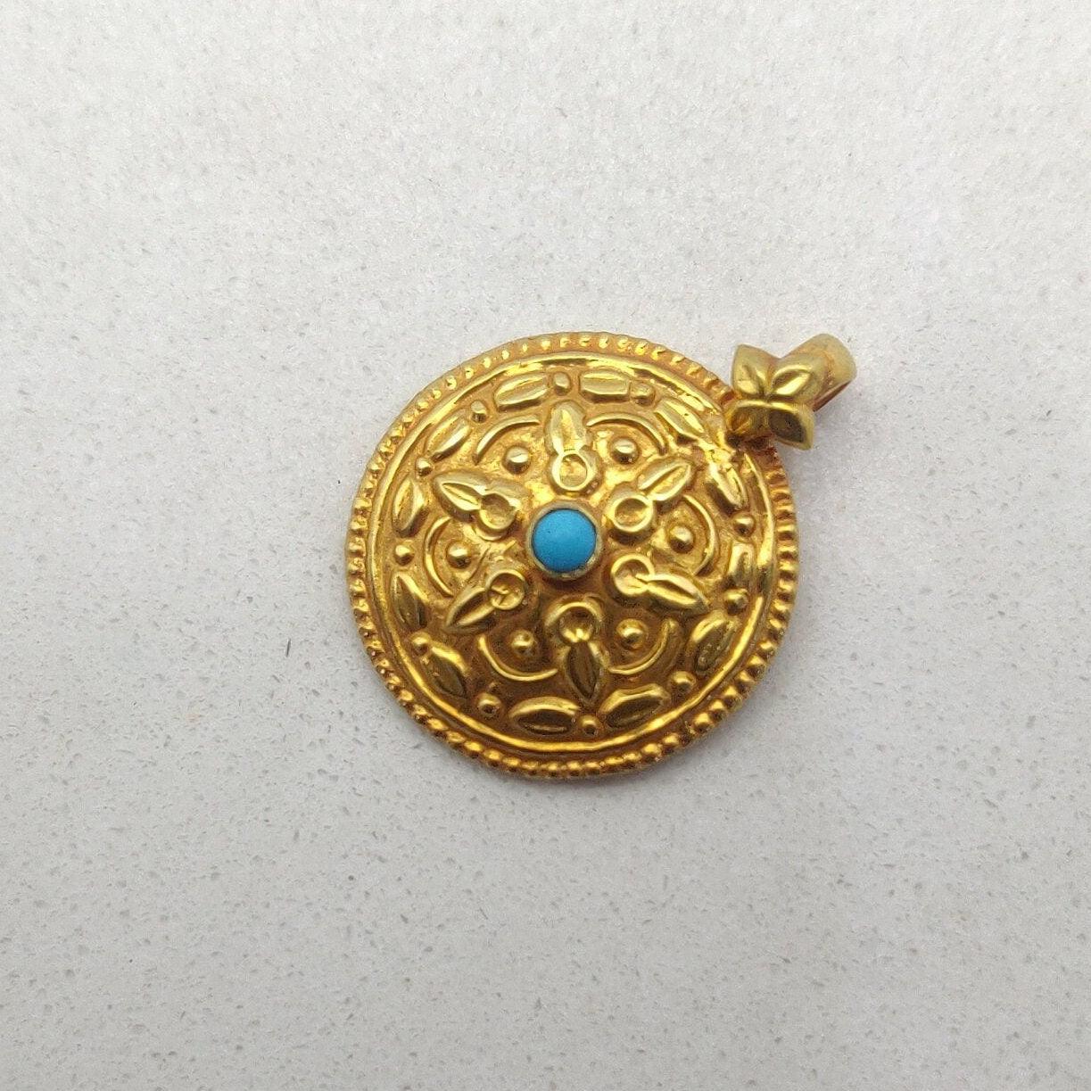 18k Solid Yellow Gold Turquoise Pendant 17mm Antique Jewelry - Kanika Creations