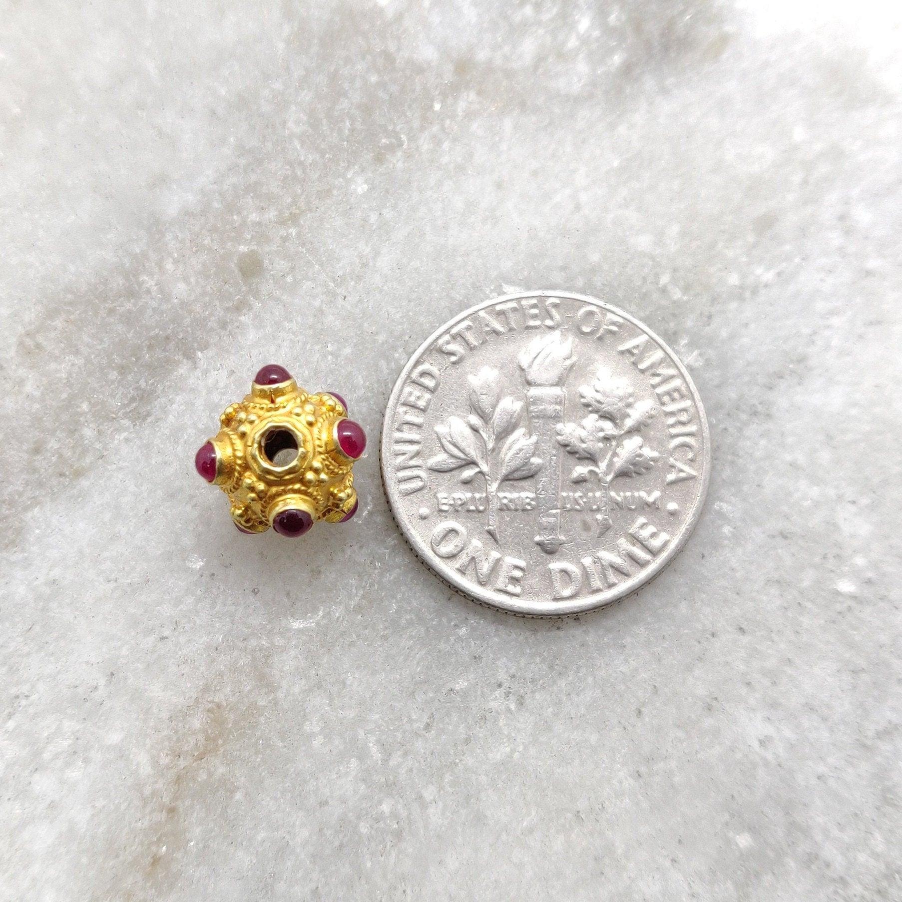 18k Solid Yellow Gold Ruby Filigree Ball Spacer Beads 8mm - Kanika Creations