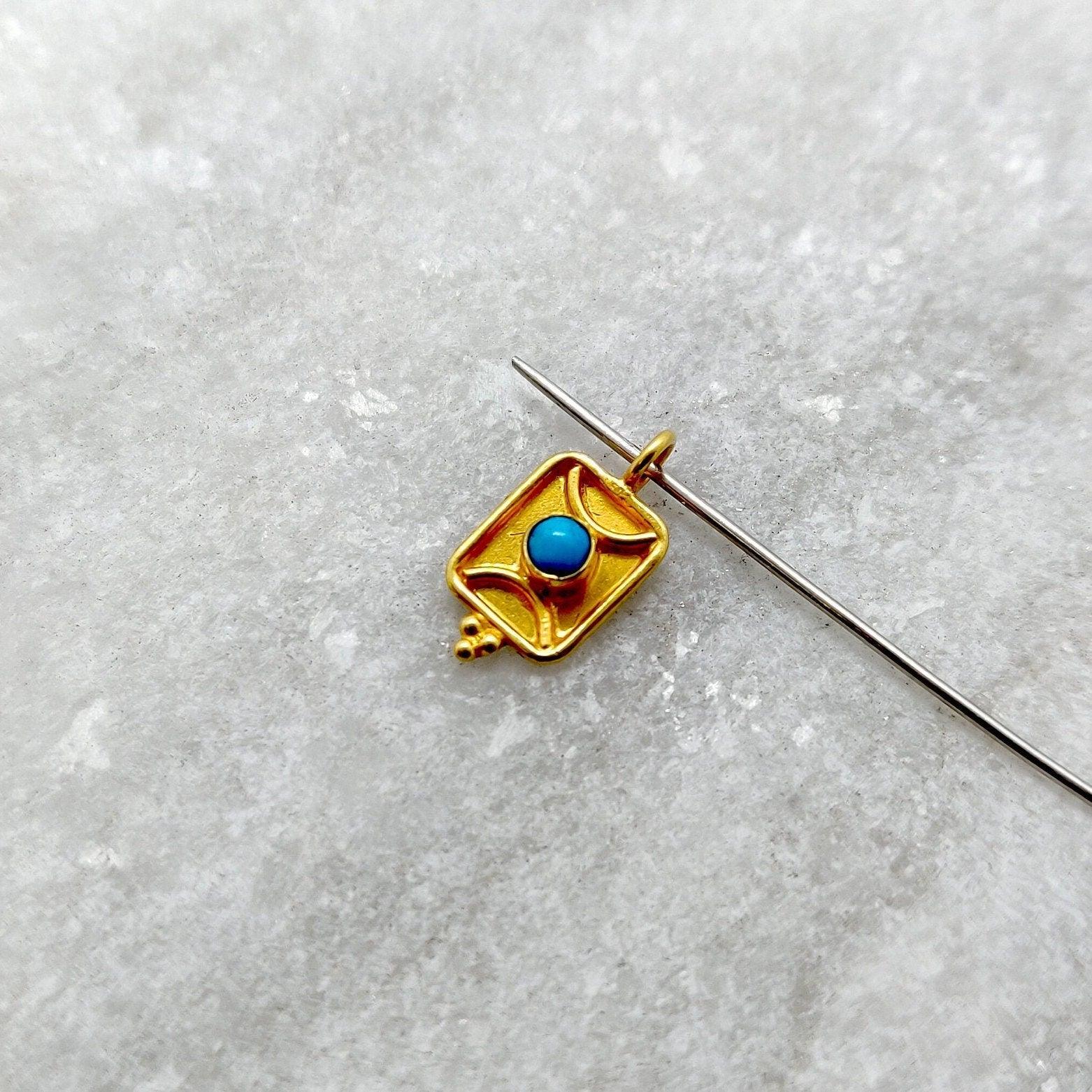 18k Solid Yellow Gold Turquoise Rectangle Charm Pendant 6x11mm - Kanika Creations