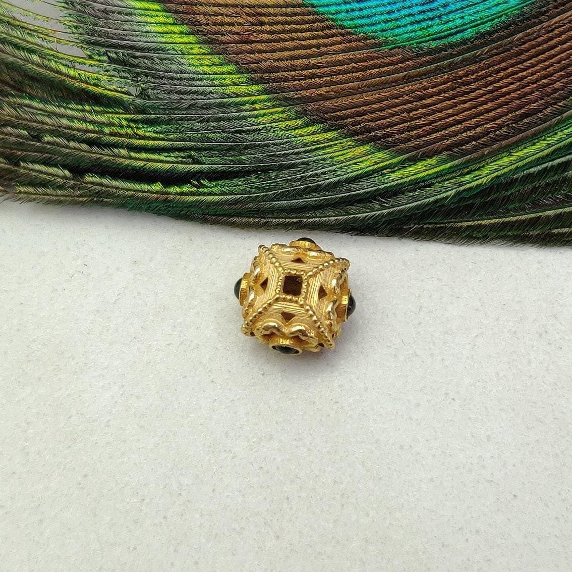 18k Solid Yellow Gold Emerald Floral Cushion Spacer Beads - Kanika Creations