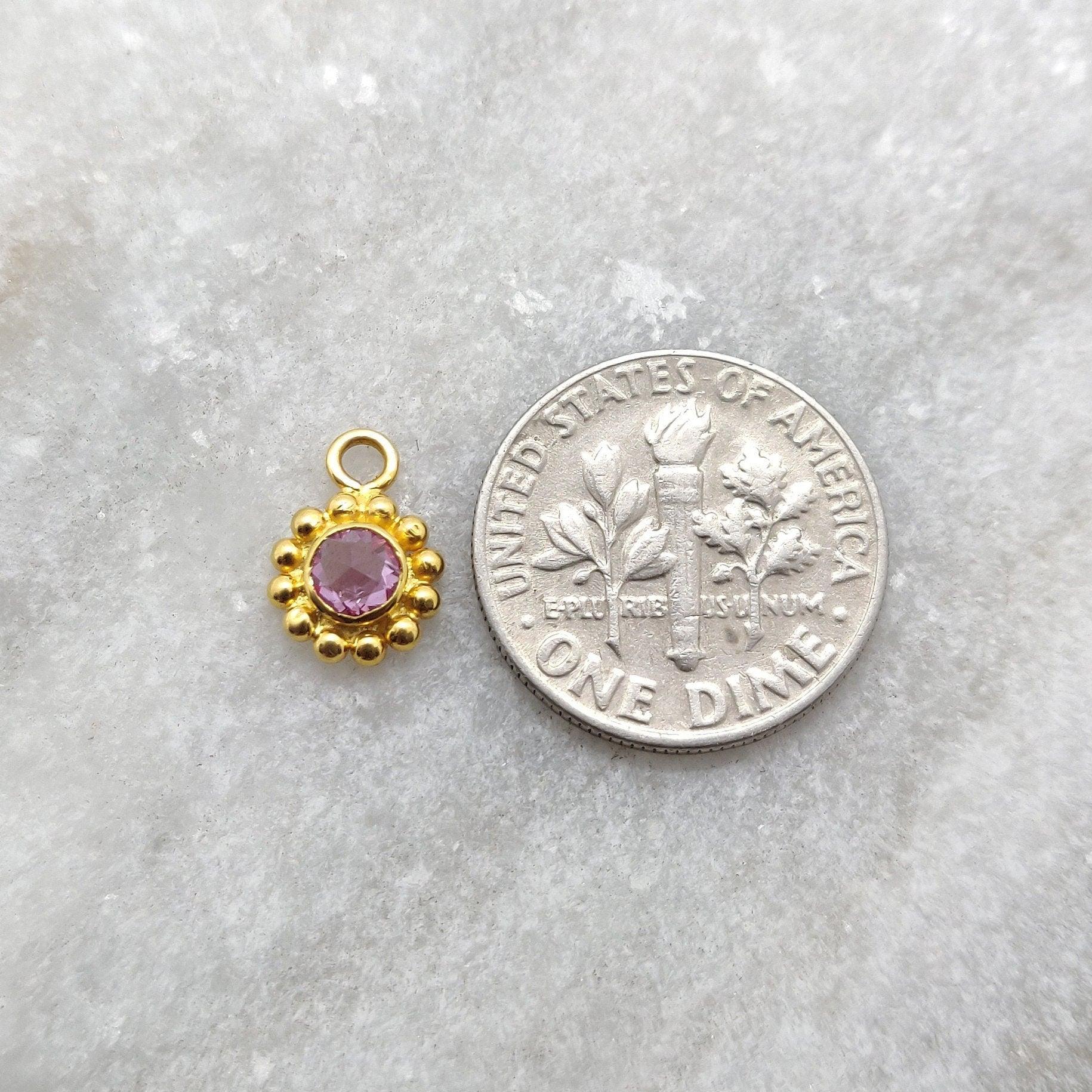 18k Solid Yellow Gold Round Dainty Stone Studded Charm - Kanika Creations