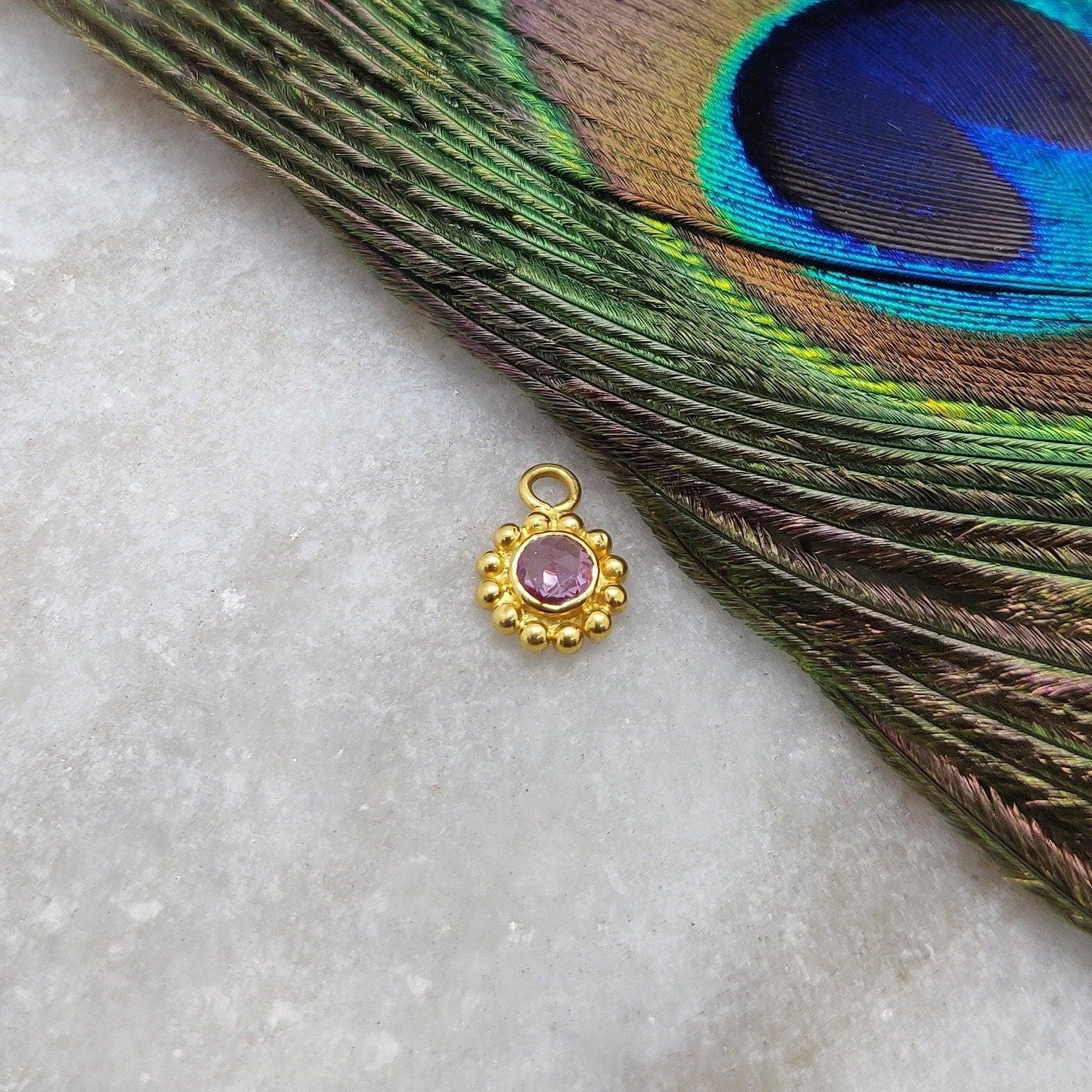18k Solid Yellow Gold Round Dainty Stone Studded Charm - Kanika Creations