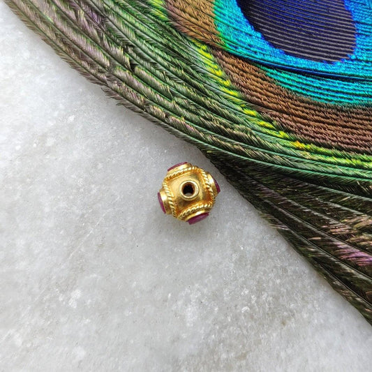 18K Solid Gold Rondelle Ball Bead Spacer With Ruby Stone 7mm - Kanika Creations