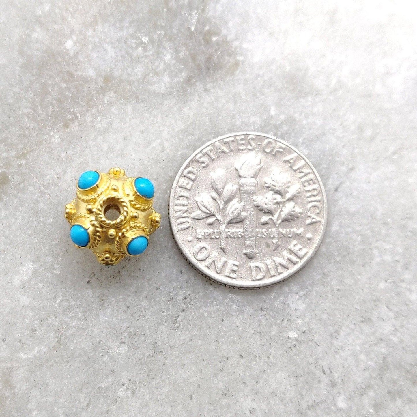 Handmade 18k Yellow Gold Turquoise Stone Spacer Ball Bead - Kanika Creations