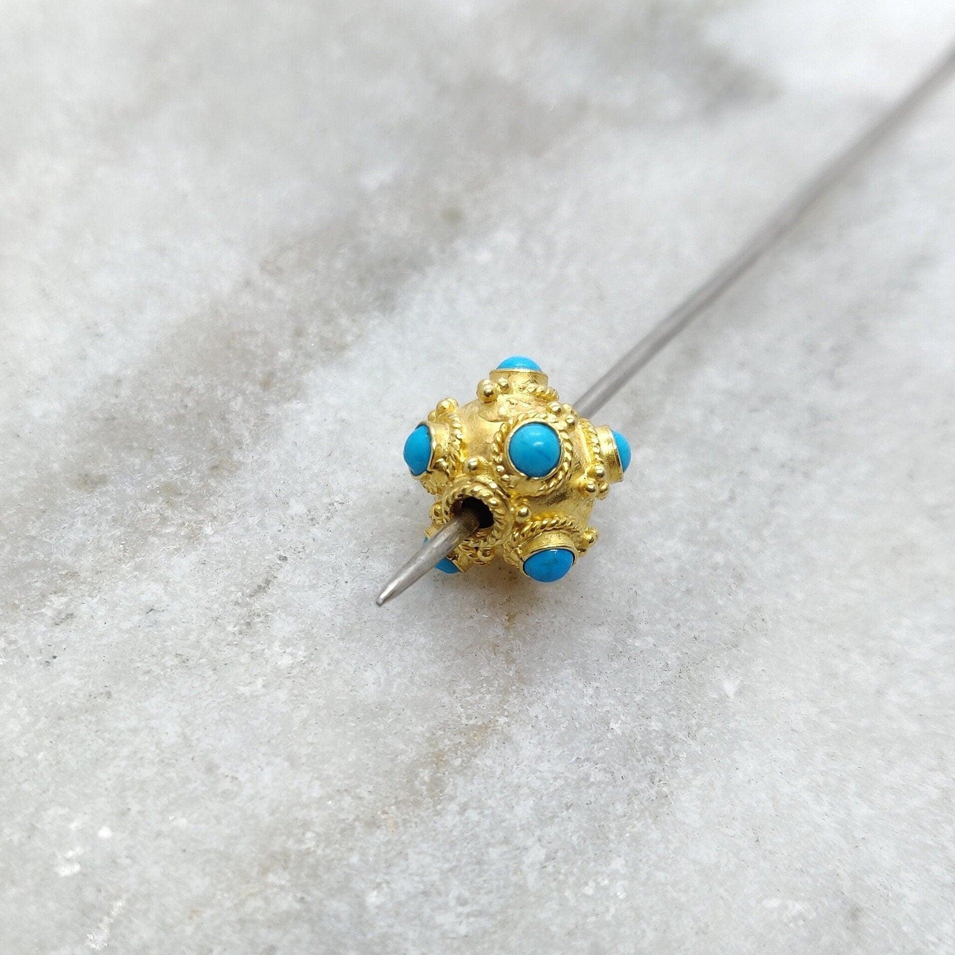 Handmade 18k Yellow Gold Turquoise Stone Spacer Ball Bead - Kanika Creations