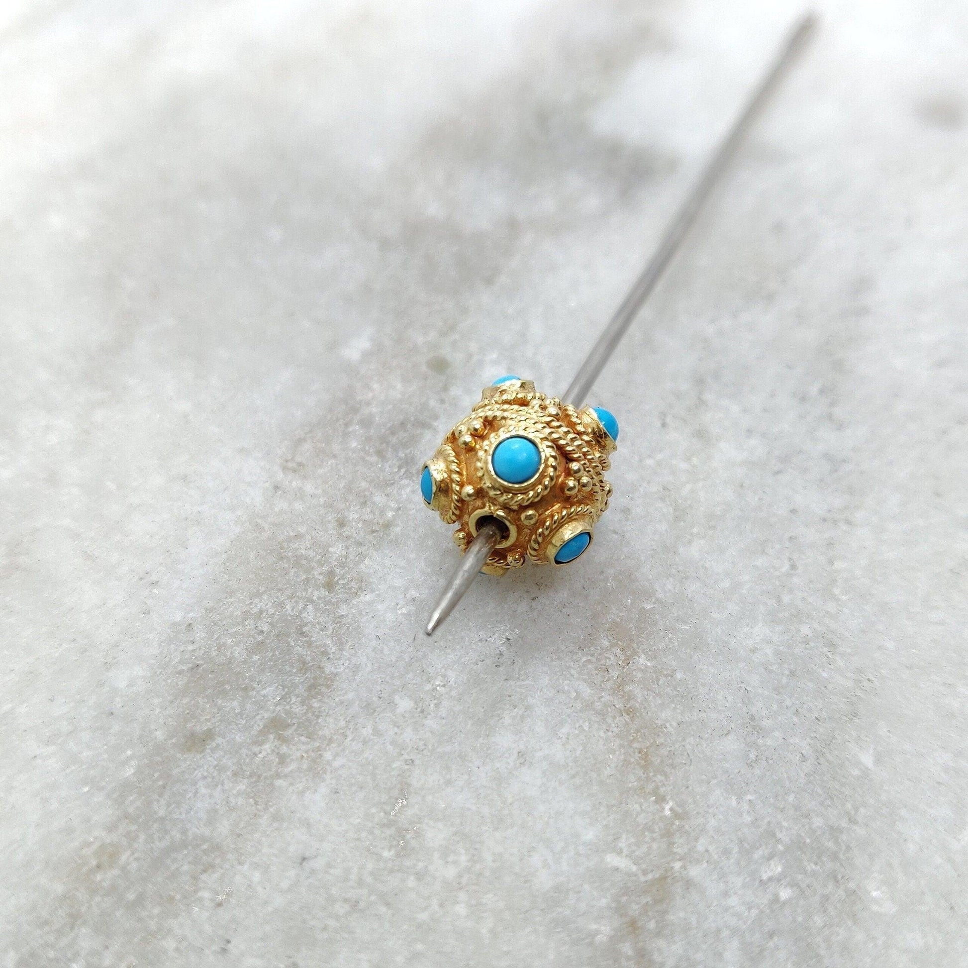 18k Solid Yellow Gold Turquoise Filigree Spacer Ball Beads - Kanika Creations