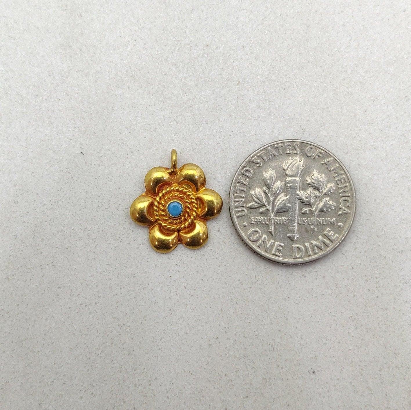 18k Solid Yellow Gold Turquoise Floral Charm Pendant-13 MM - Kanika Creations