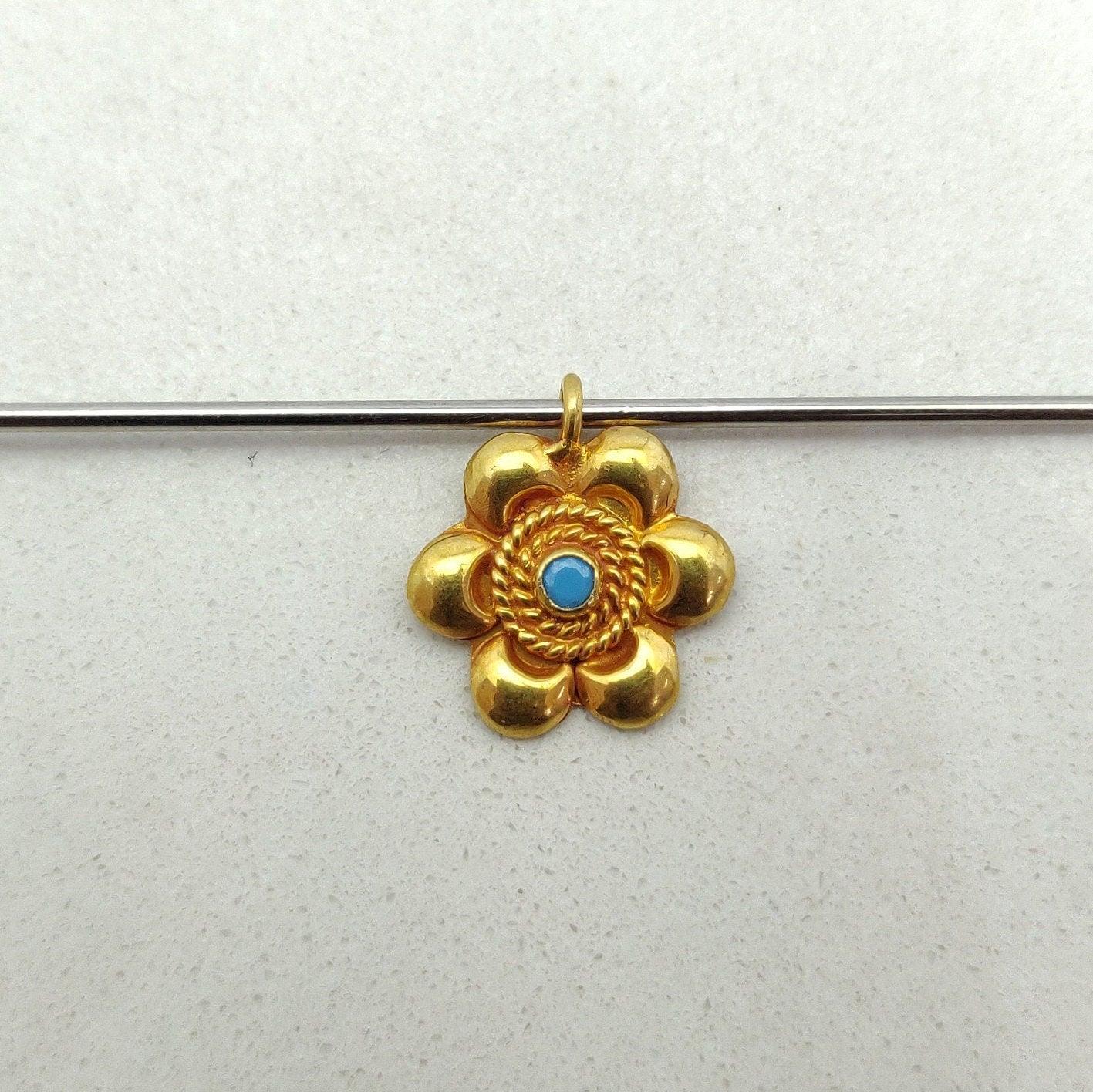 18k Solid Yellow Gold Turquoise Floral Charm Pendant-13 MM - Kanika Creations
