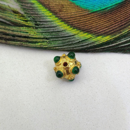 9mm 18k Solid Gold Rondelle Spacer Beads Studded With Emerald Gemstone - Kanika Creations