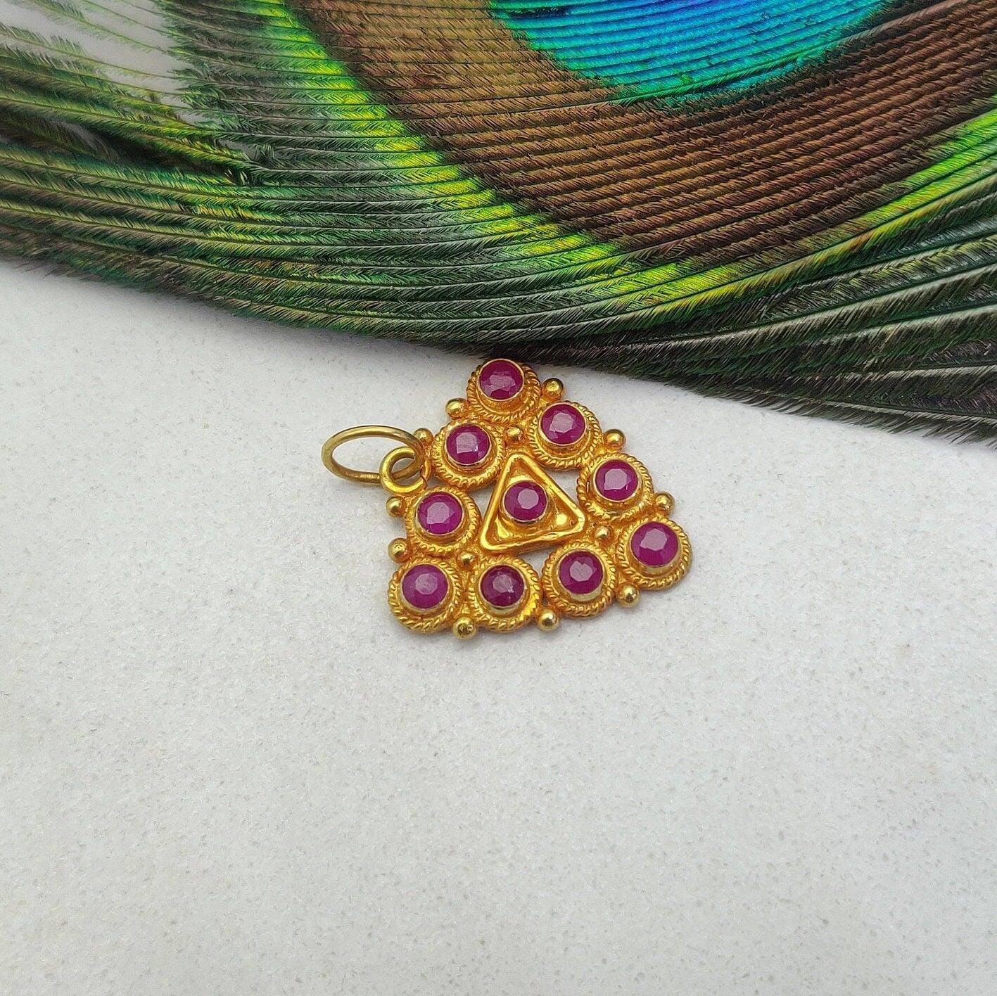 18K Solid Yellow Gold Stone Studded Triangle Pendant - Kanika Creations