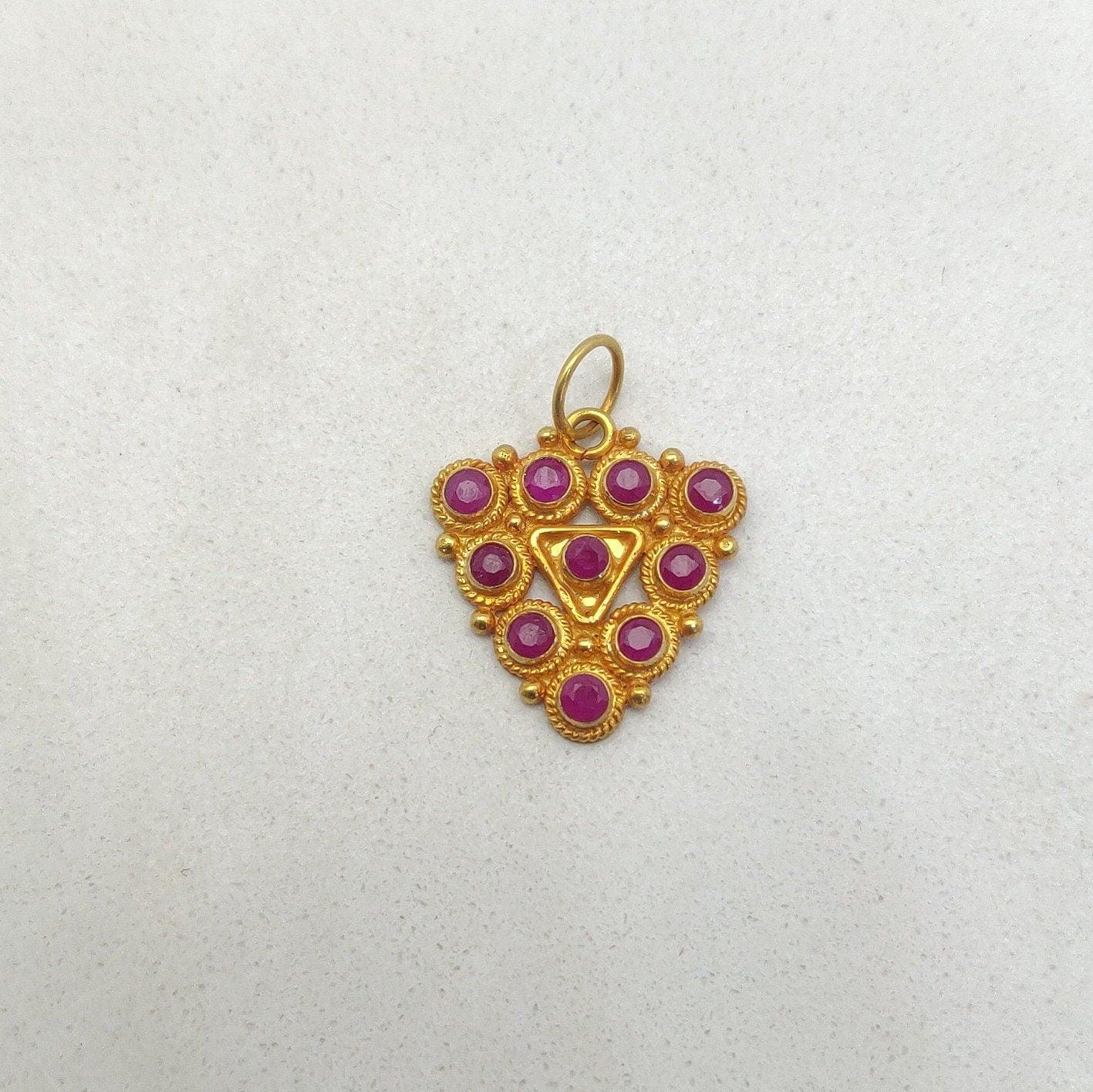 18K Solid Yellow Gold Stone Studded Triangle Pendant - Kanika Creations