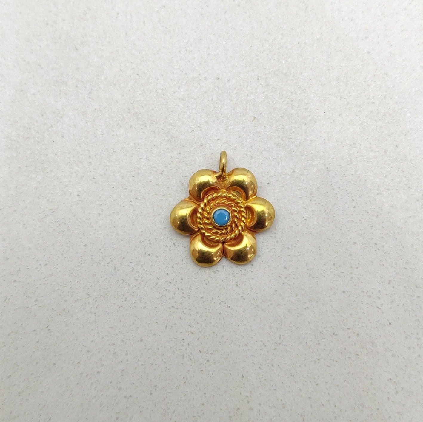 18k Solid Yellow Gold Turquoise Floral Charm Pendant-13 MM - Kanika Creations