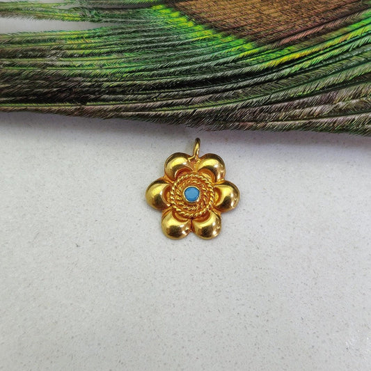18k Solid Yellow Gold Turquoise Floral Charm Pendant-13 MM - Kanika Creations