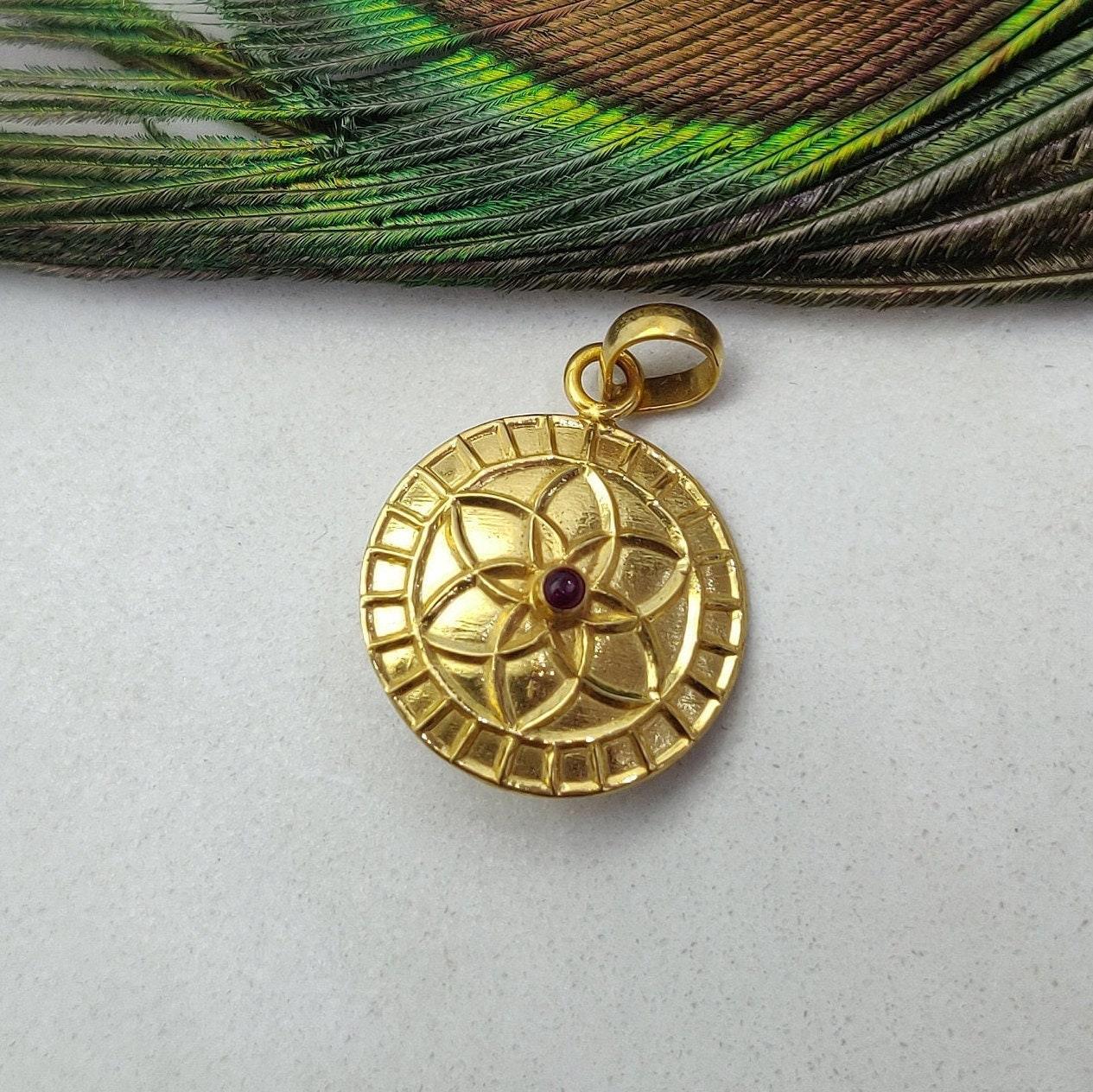 18k Solid Yellow Gold Ruby Fancy Pendant-20 mm - Kanika Creations