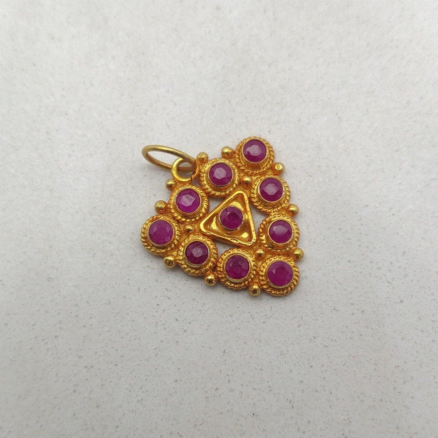 18K Solid Yellow Gold Stone Studded Triangle Pendant - Kanika Creations