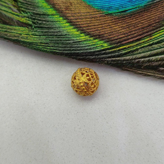 18k Solid Yellow Gold Ball Spacer Beads 9x8mm Antique Design - Kanika Creations