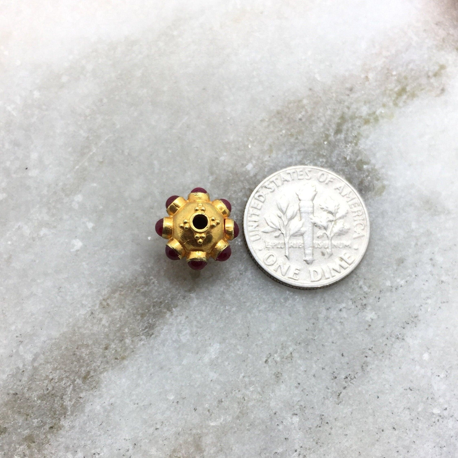 18k Solid Yellow Gold Ruby Floral Spacer Beads 11x8mm - Kanika Creations