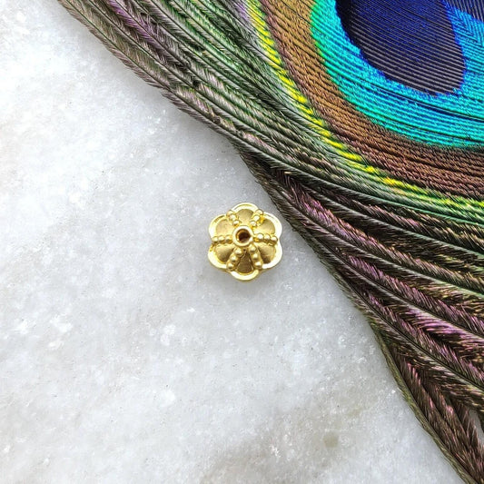 18k Solid Yellow Gold Floral Textured Spacer Beads 5x8mm - Kanika Creations