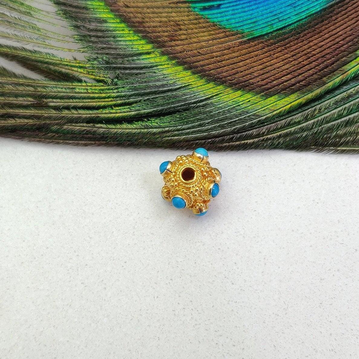 18k Solid Gold Turquoise Ball Spacer Beads DIY Craft 8.5mm - Kanika Creations