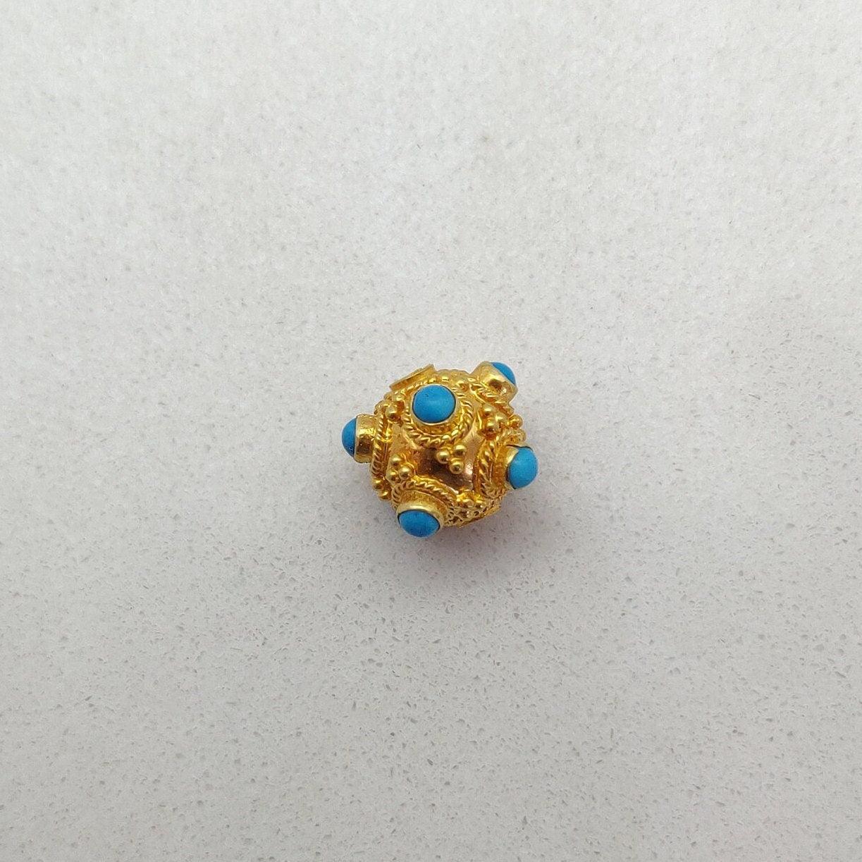 18k Solid Gold Turquoise Ball Spacer Beads DIY Craft 8.5mm - Kanika Creations