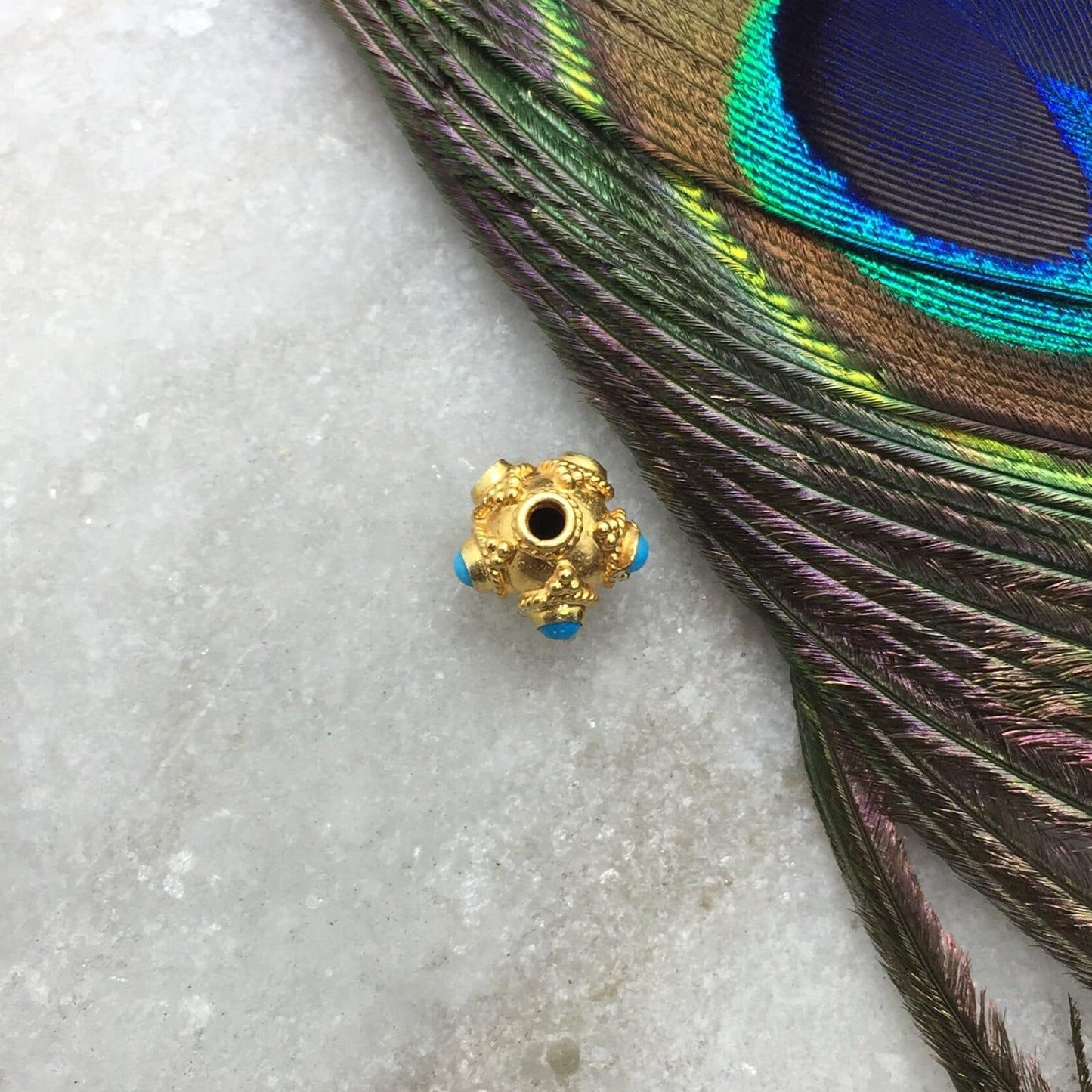 18k Solid Yellow Gold Turquoise Round Spacer Beads 7x5mm - Kanika Creations