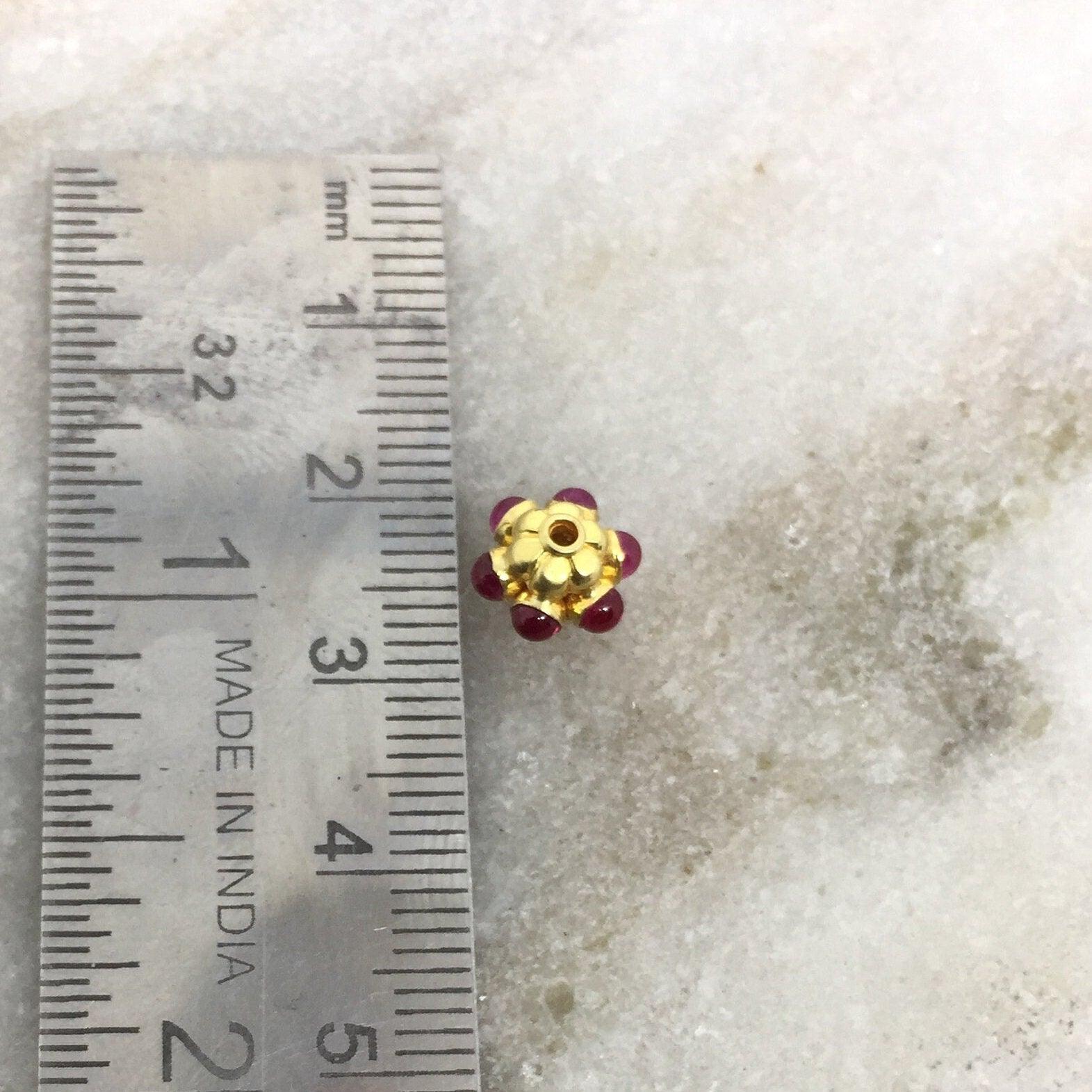 18k Solid Yellow Gold Ruby Flower Spacer Beads 8x7mm - Kanika Creations
