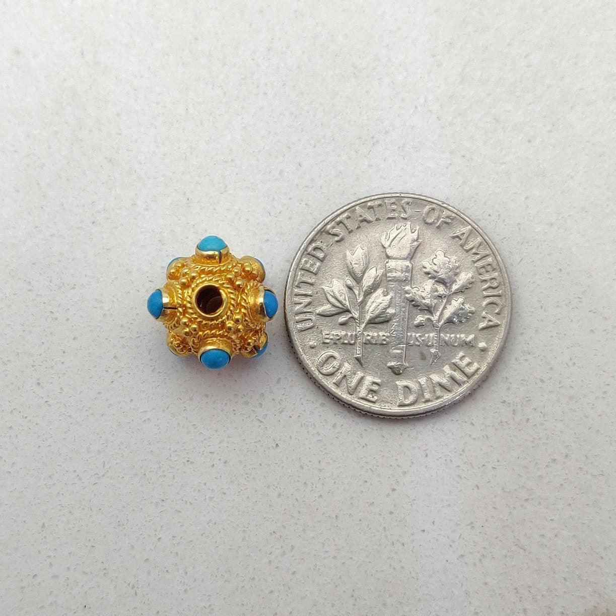 18k Solid Gold Turquoise Ball Spacer Beads DIY Craft 8.5mm - Kanika Creations