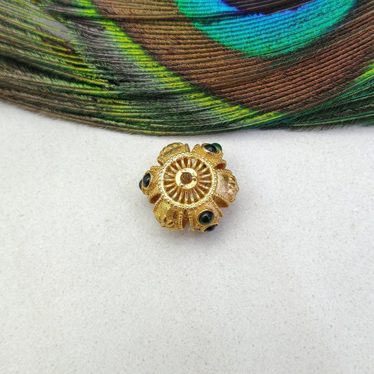 Vintage 18k Gold Rondelle Spacer Bead With Emerald Stone - Kanika Creations
