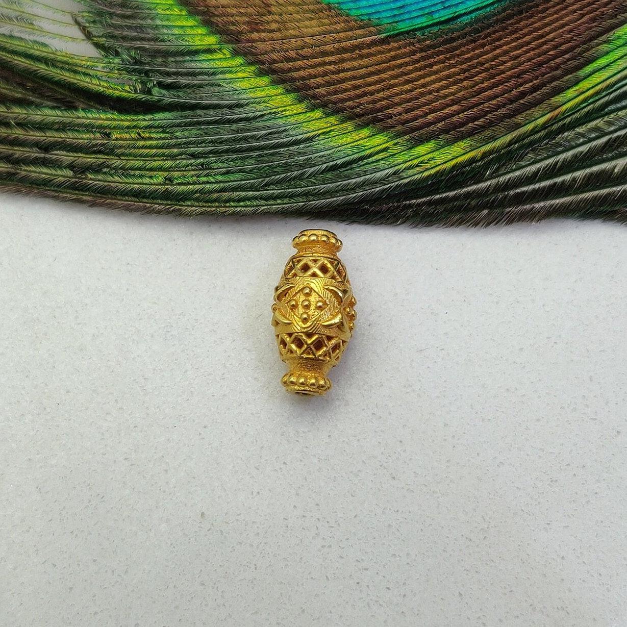 18K Yellow Gold Textured Oval Spacer Bead Finding 14mm - Kanika Creations