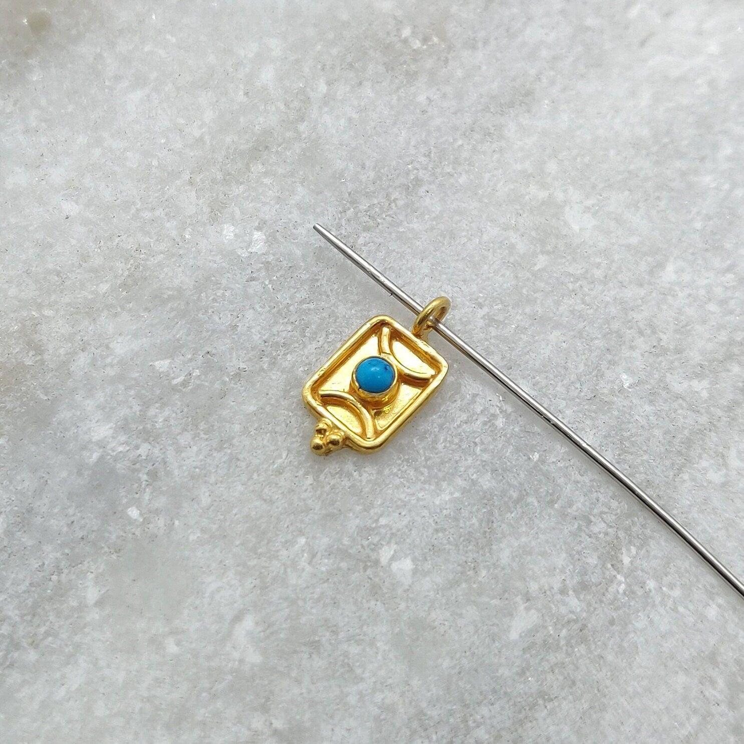 18k Solid Yellow Gold Turquoise Rectangle Charm Pendant 12mm - Kanika Creations