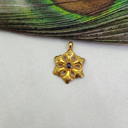 18k Solid Yellow Gold Blue Sapphire Floral Charm Pendant - Kanika Creations