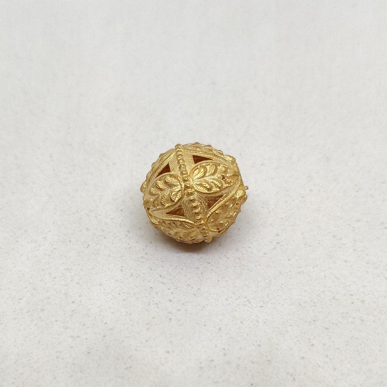 18k Solid Yellow Gold Round Ornate Focal Spacer Beads-10 mm - Kanika Creations