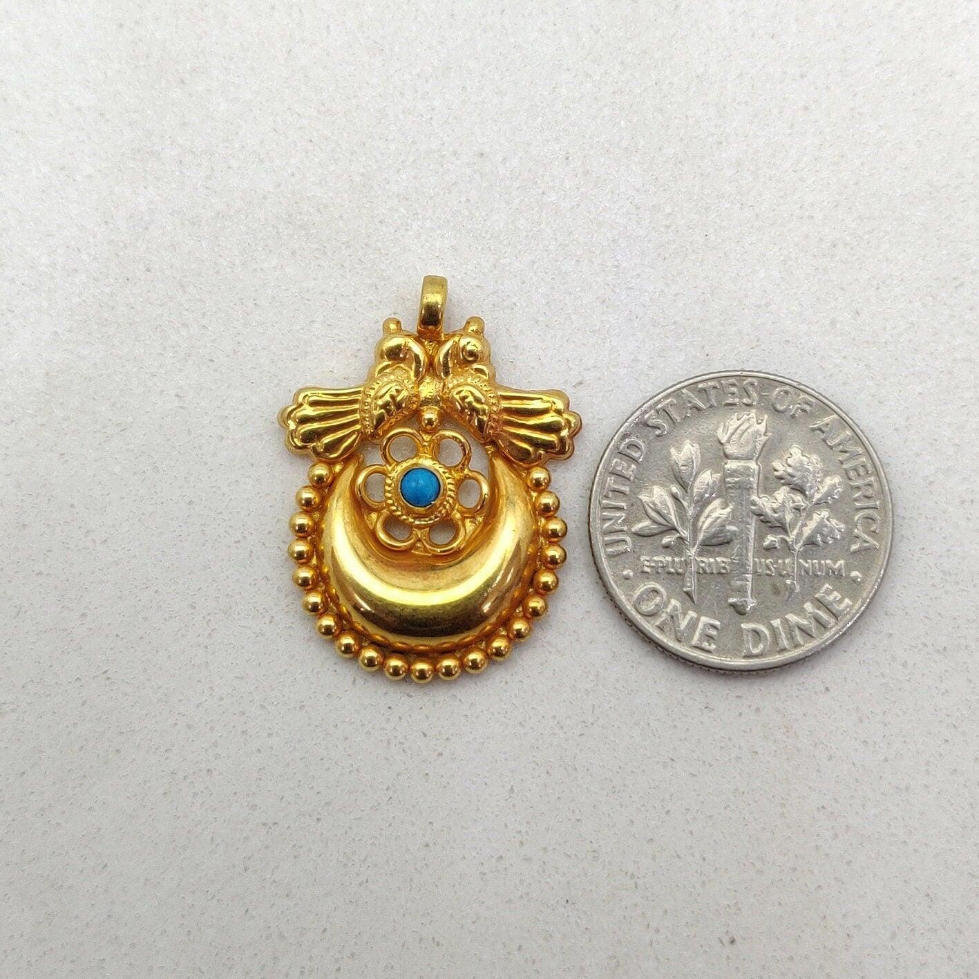 18k Solid Yellow Gold Turquoise Love Birds with Moon Pendant - Kanika Creations