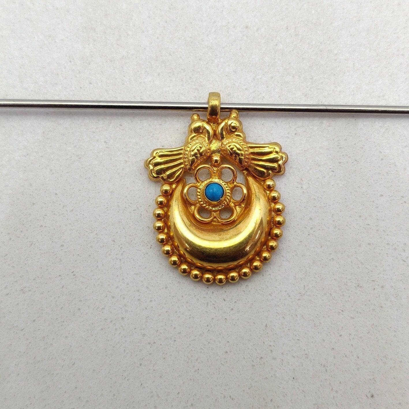 18k Solid Yellow Gold Turquoise Love Birds with Moon Pendant - Kanika Creations