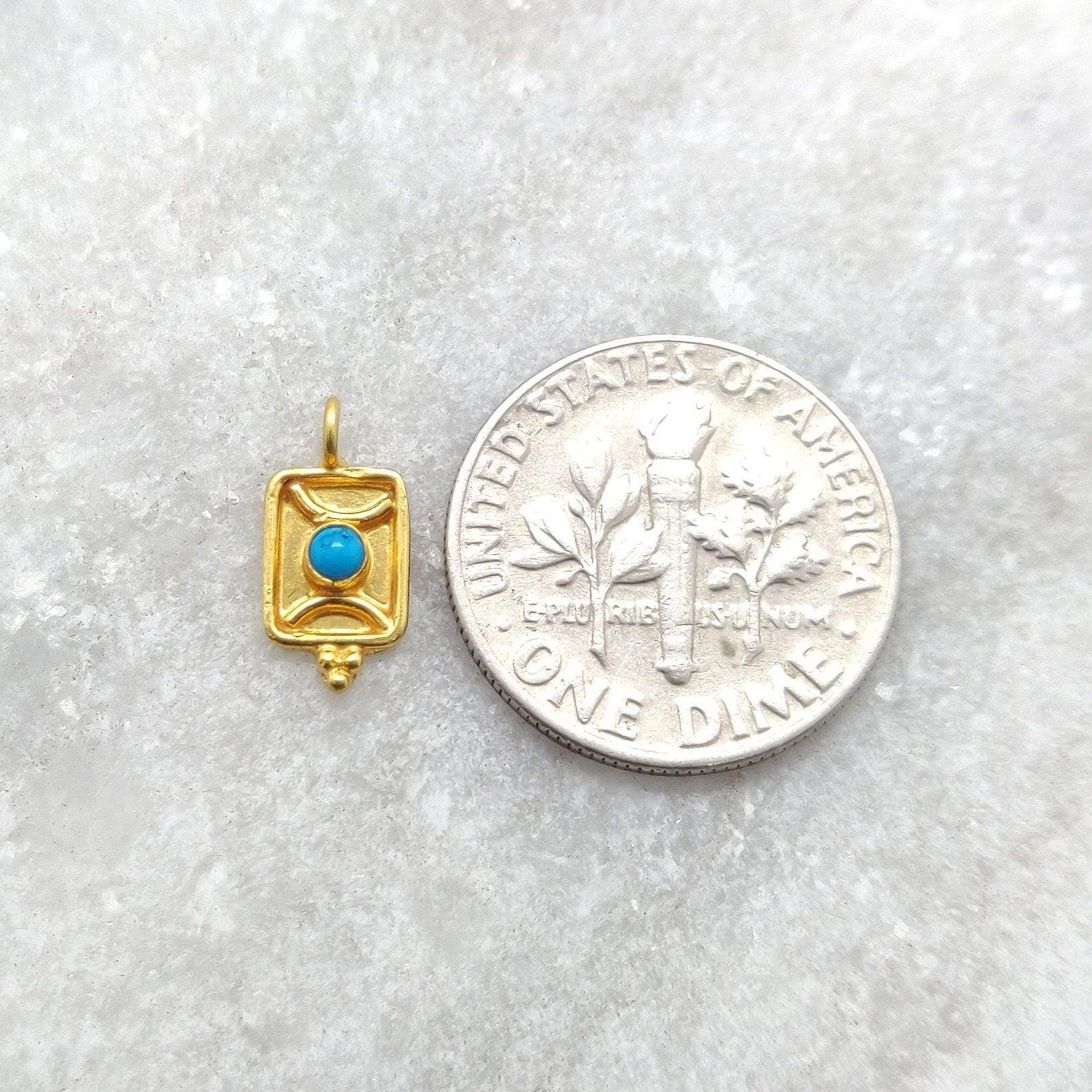 18k Solid Yellow Gold Turquoise Rectangle Charm Pendant 12mm - Kanika Creations