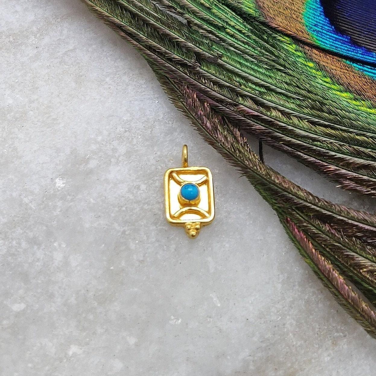 18k Yellow Gold Turquoise Rectangle Charms Pendant 12mm - Kanika Creations