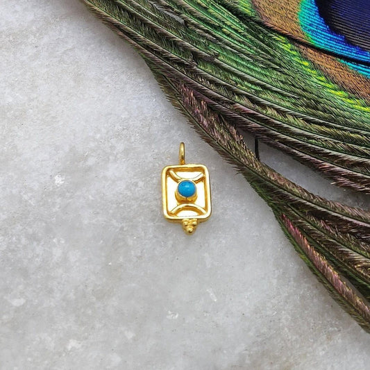 18k Solid Yellow Gold Turquoise Rectangle Charm Pendant 12mm - Kanika Creations
