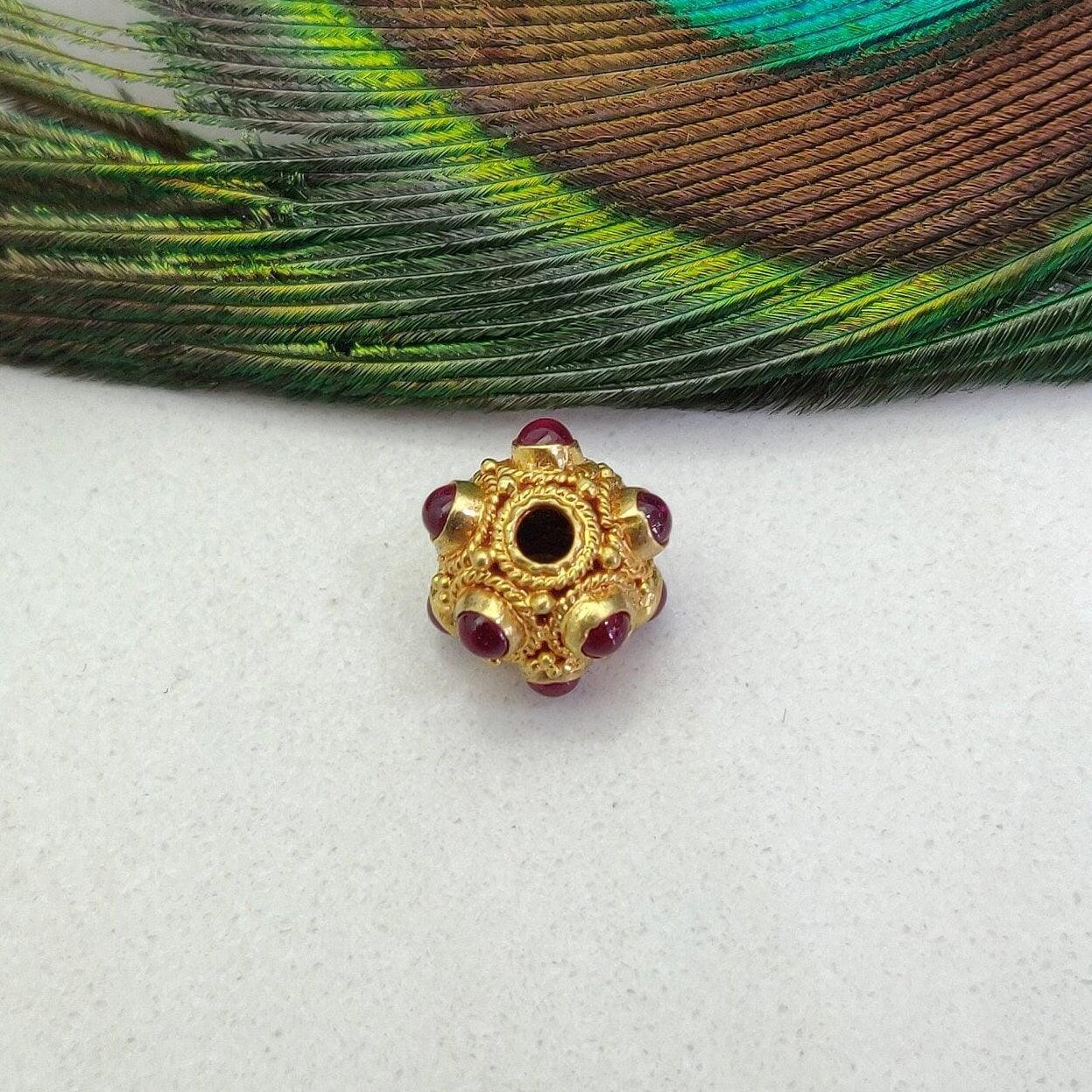 18k Solid Yellow Gold Ruby Ball Spacer Beads 9mm - Kanika Creations