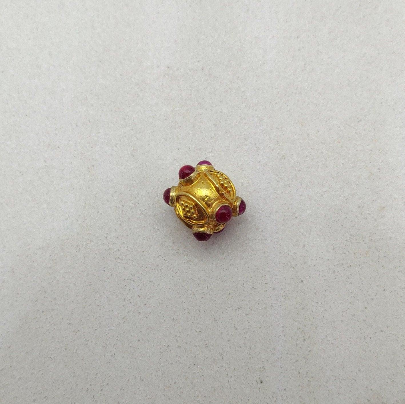 18k Solid Yellow Gold Stone Studded Round Beads 9mm - Kanika Creations