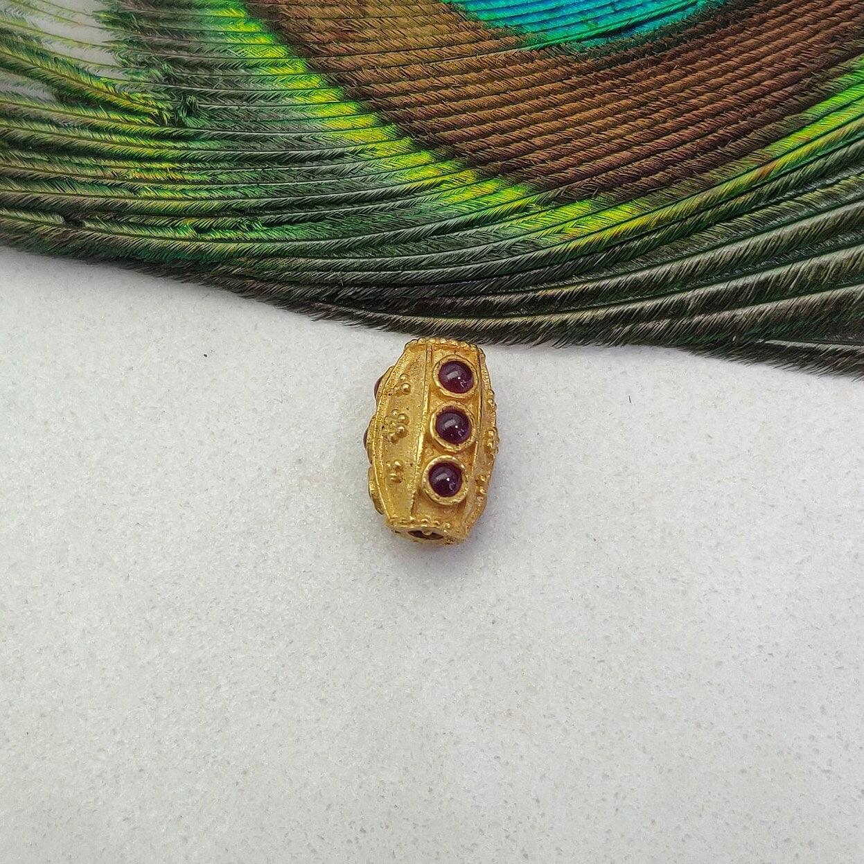 18K Solid Yellow Gold Ruby Stone Studded Fancy Beads - 12X8mm - Kanika Creations